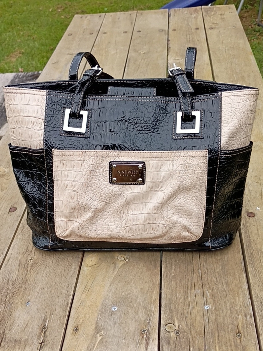 Nine West Black and Cream Croc-Embossed Tote